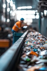 Obraz premium Workers sorting waste at recycling facility, showcasing diverse