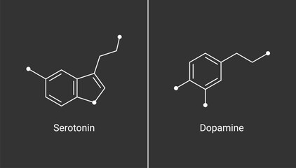 Serotonin, Dopamine Chemical Structures illustration. Neurotransmitter molecular formula vector. 