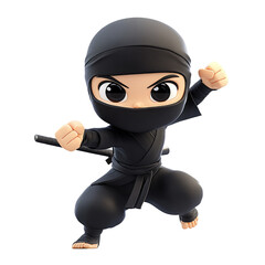 Big headed ninja in a black full suit with a small body jumping ninja pose 3d illustration on a transparent background. Security and protection concept.