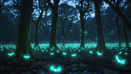An enchanted forest floor awakens with a thousand glowing fireflies, their ethereal light painting a magical twilight scene in deep woods.