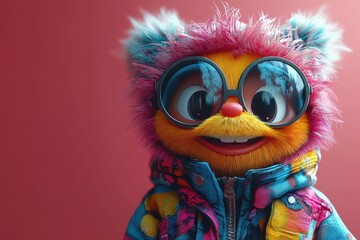 Fototapeta premium Colorful furry creature wearing sunglasses and a vibrant jacket smiling cheerfully against a solid background