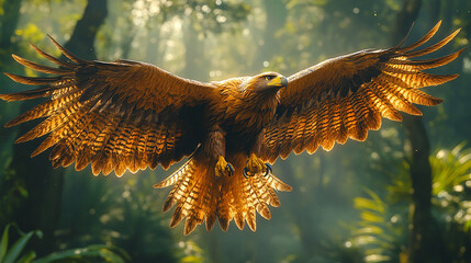 An eagle soars, its wings outstretched, in a lush forest scene. 