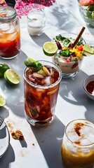 Refreshing cocktails with lime and garnishes on sunlit table