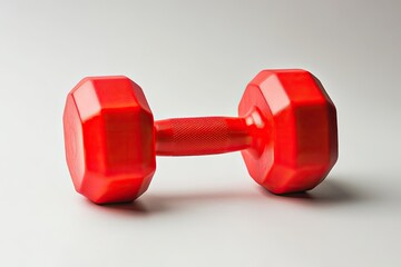 Obraz premium Bright red dumbbell positioned on soft gray background, symboliz