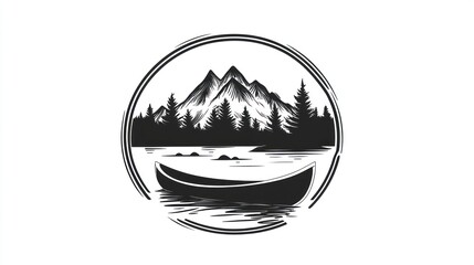 A tranquil lake scene with mountains and a canoe, framed in a circle.  A minimalist design, perfect for outdoor enthusiasts