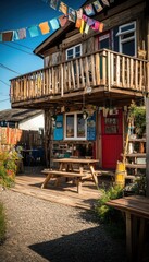 Obraz premium Rustic wooden shop with colorful flags, a red door, and picnic tables.