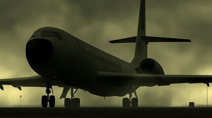 Naklejka premium Airplane landing at a foggy airport