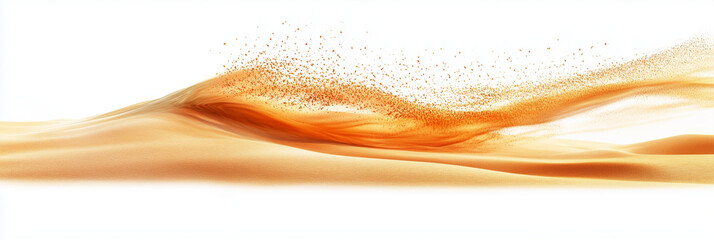 Floating particles of soft golden sand drifting on a white background.