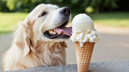 Golden retriever enjoys ice cream cone on sunny day in park with friends