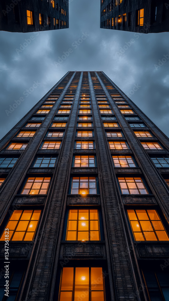 Poster lofty perspective: looking up at a towering structure on a cloudy evening