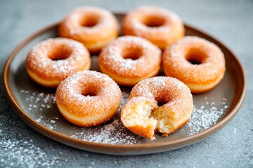 A plate of freshly made doughnuts is arranged on a rustic wooden plate. The doughnuts are lightly dusted with sugar, some showing a bite taken out, perfect for breakfast or dessert