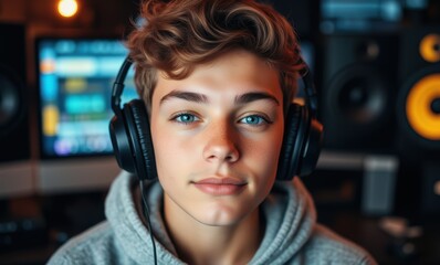 Young boy enjoying music in studio
