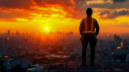 Fototapeta premium Silhouette of a construction worker at sunset overlooking the city