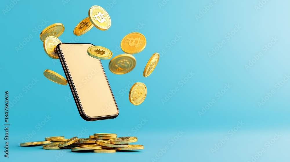 Poster minimalist graphic showing a mobile wallet with floating coins