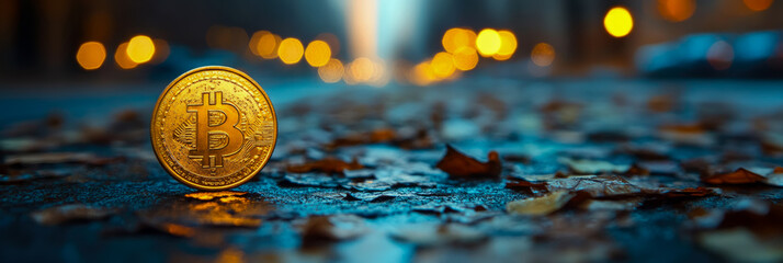 Cryptocurrency concept: Golden Bitcoin on a wet pavement with autumn leaves reflecting city lights at night