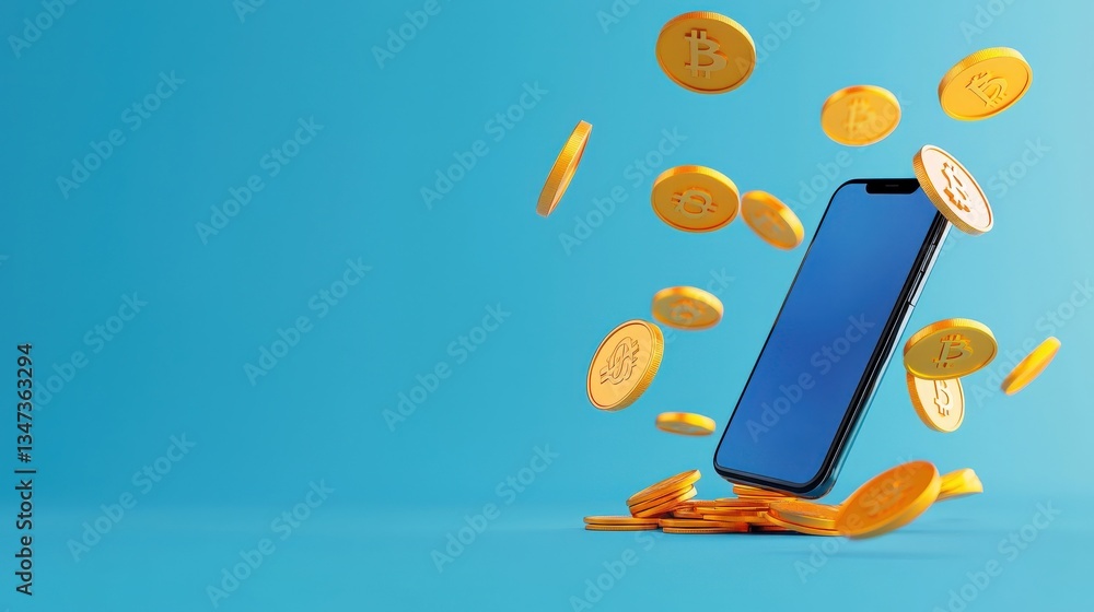 Poster minimalist graphic showing a mobile wallet with floating coins