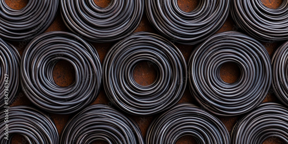 Poster durability of cables. metal coils arranged in a circular pattern with a textured background.