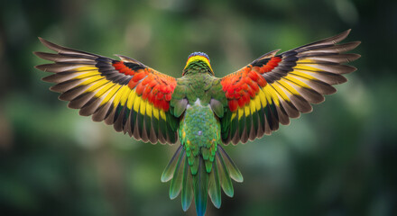 A colorful parrot spreading its wings.
