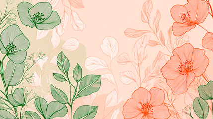 Hand-drawn green floral art background in coral and pink hues, featuring intricate line-style botanical illustrations. Perfect for interior decor, wall coverings, banners, prints, 