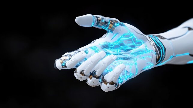Futuristic robotic hand outstretched in a welcoming gesture.  Complex, articulated fingers and intricate joints are visible, illuminated by a glowing blue light.  The hand seems ready to make contact