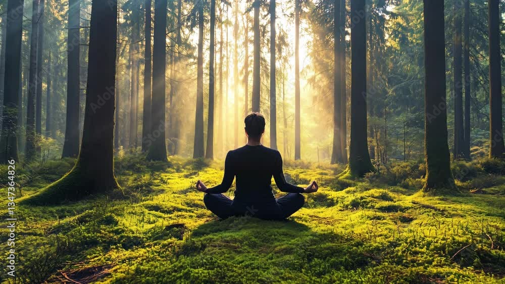 Poster A woman practices meditation on soft moss while sunlight streams through towering trees in a tranquil forest at dawn