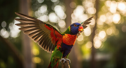 A colorful parrot spreading its wings.
