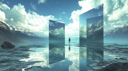 A lone figure stands before reflective portal windows in a landscape