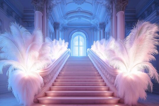 Marble baroque staircase backdrop with white ostrich feather arrangements, columns, detailed moldings and curved ceilings. 