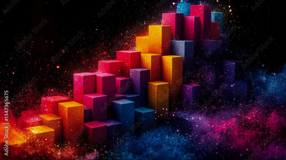 Poster abstract cubist growth: colorful block chart ascending into the cosmos, a futuristic data display