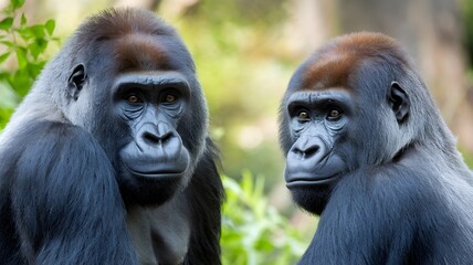 Obraz premium Two Gorillas in a Natural Setting, Surrounded by Greenery