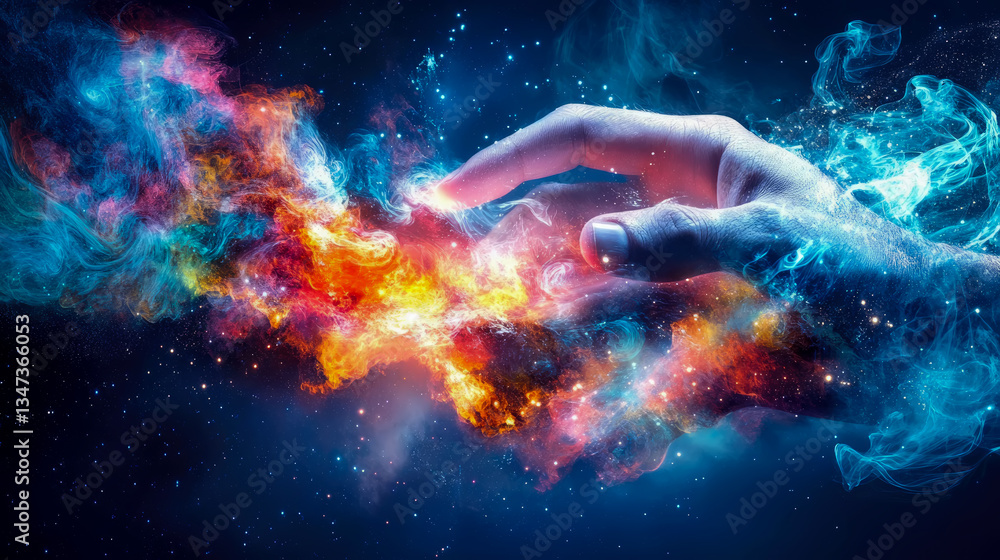 Poster cosmic touch: human hand interacting with celestial energy, creating a burst of colorful nebula and 