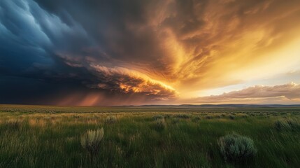 Dramatic Sunset over Grassland with Storm Clouds