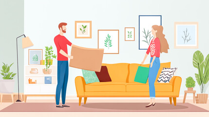 Happy couple lifting a sofa together while rearranging furniture in the living room, transforming the interior with a fresh layout