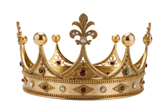 Golden crown with baroque filigree and gemstone encrustation in high-resolution 3D render