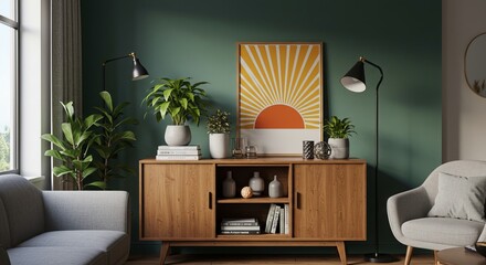 Mid-Century Modern Living Room Decor with Sunburst Art Print and Greenery