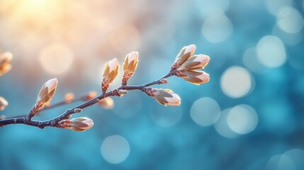 Spring buds on branch, sunrise glow, out-of-focus blue background.  Possible use nature calendar, website background
