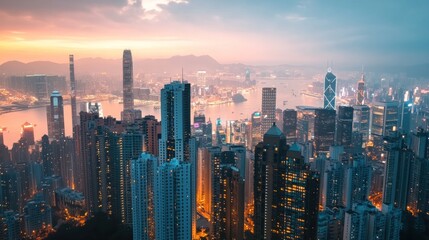 Fototapeta premium Hong Kong Skyline at Dawn: A Breathtaking Urban Panorama