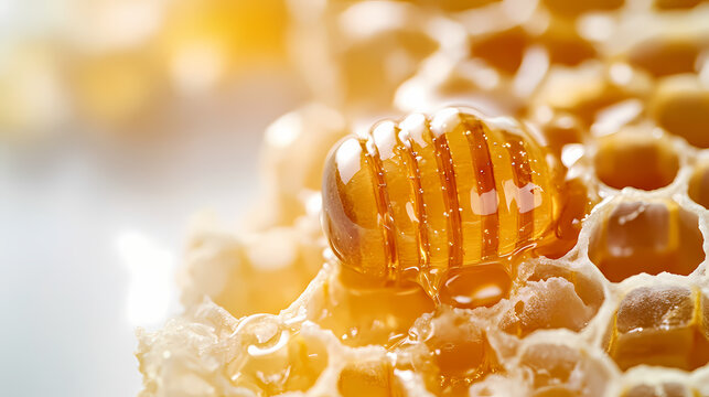 Golden Nectar: An exquisite macro shot showcases the intricate beauty of a honeycomb with a delicate swirl of glistening honey, evoking feelings of warmth, purity, and the sweet rewards of nature.
