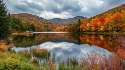 Naklejka premium Serene lake surrounded by mountains and trees, reflecting autumn colors under a cloudy sky.