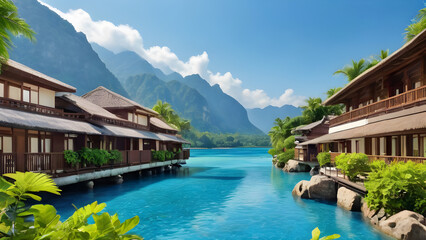 Naklejka premium Exotic overwater bungalows resort in a turquoise lagoon with breathtaking view of Moorea mountains reflecting in water