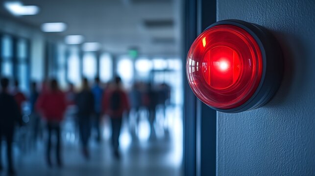 Red Alarm Light in a Modern Classroom with Students in the Background