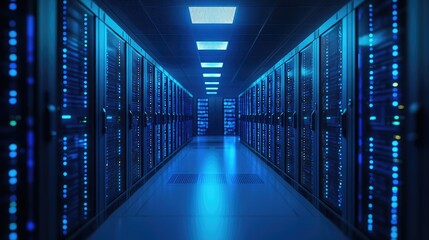 Fototapeta premium A high-tech data center with glowing blue server racks in a secure environment. Ideal for cloud computing, cybersecurity, IT infrastructure, and artificial intelligence concepts
