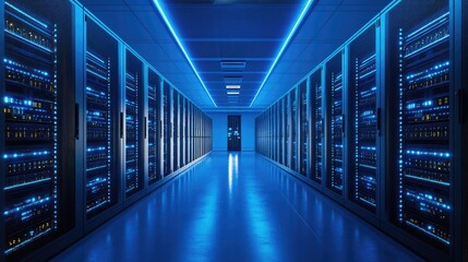 A futuristic data center with glowing blue server racks in a high-tech facility. Ideal for cloud computing, cybersecurity, IT infrastructure, artificial intelligence, and networking