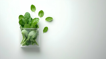 Fresh Spinach Leaves In Transparent Container On White Background