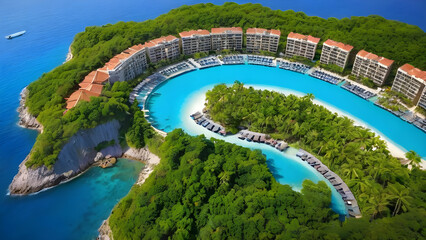 Tropical resort embracing crystal clear artificial lagoon surrounded by lush vegetation in Mexico