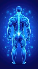 Back muscle anatomy of a strong man in blue glow for medical education or fitness