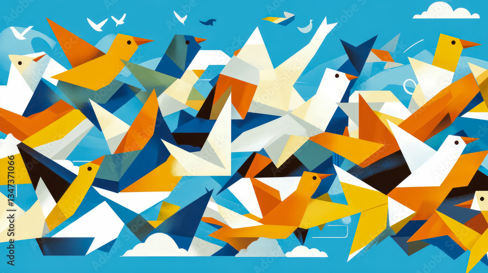 Poster geometric bird abstraction: a flock of avian forms in flight