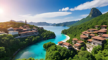 Breathtaking aerial view of luxurious overwater bungalows in Coron, Palawan, Philippines, during sunset