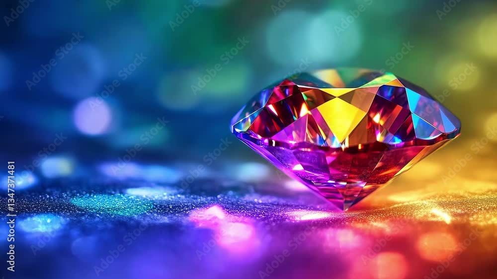 Poster a diamond sparkles with a spectrum of colors on a textured surface, surrounded by bright neon lights