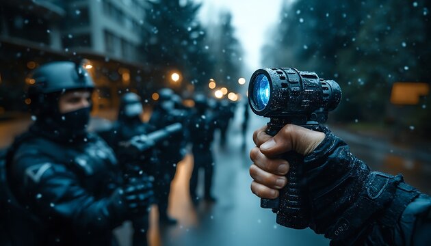Police pointing a flashlight during a demonstration